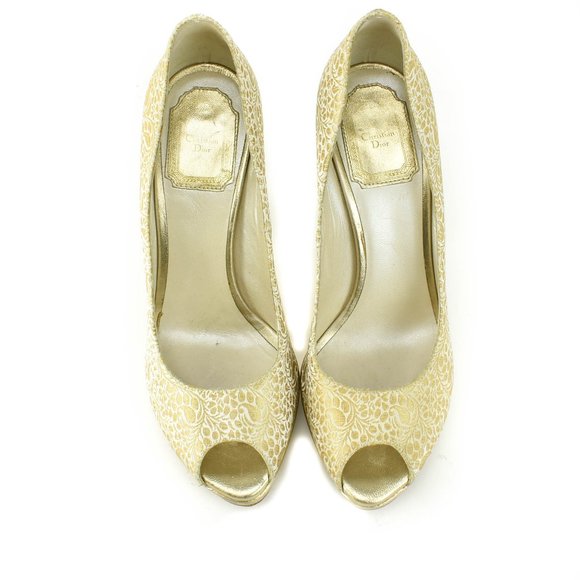 DIOR: Gold, Brocade Peep-Toe Logo Heels/Pumps - Picture 3 of 8